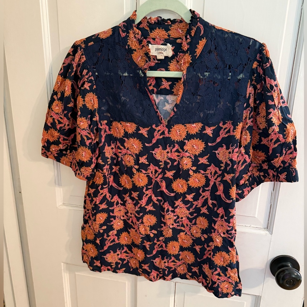 Anthropologie Porridge Navy Floral Lace Blouse M V Neck Boho Feminine
